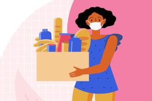 Help with quarantine. Woman in a protective medical mask carries a box of food. Volunteer helps people sitting at home. Social care, volunteering, charity. Banner template with space for your text