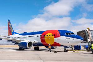 Southwest Airlines' inaugural flight from Colorado Springs, Colo., to Denver is pushed away from Gate 9 at Colorado Springs Airport, Thursday, March 11, 2021. Southwest began nonstop service from the airport to Denver, Dallas, Chicago, Las Vegas, Phoenix and Los Angeles. (Christian Murdock/The Gazette via AP)
