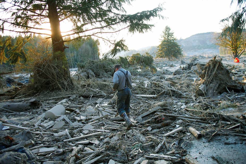 The rubble on March 23, 2014, on the east side of the mudslide near Oso, which killed 43 people. (Genna Martin / Herald file)