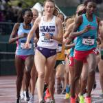 Glacier Peak High School and University of Washington alum Amy-Eloise Markovc (middle), formerly Amy-Eloise Neale, won the gold medal in the womens 3,000 meters at the European Athletics Indoor Championships on March 5 in Poland. (University of Washington photo)