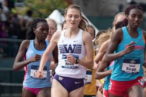 The University of Washington���s Amy-Eloise Neale (middle) competes in the women���s 5,000 meters at the NCAA Outdoor Track and Field Championships on June 9 in Eugene, Oregon. Neale, who starred in high school at Glacier Peak, placed fifth in the event to earn All-American honors. (University of Washington photo)