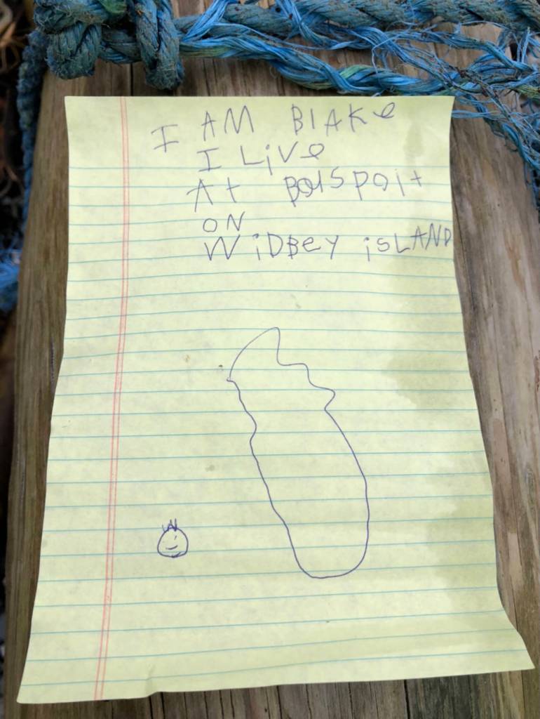 Blake Lewis, 7, sent this message in a bottle out to sea from Bush Point on Whidbey Island. (Ruth Smethers)