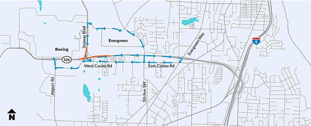 Contractor crews will close both directions of Highway 526 between Airport Road and Seaway Boulevard overnight starting Monday night until Wednesday morning. (WSDOT)
