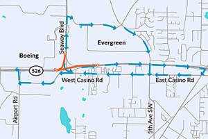 Contractor crews will close both directions of Highway 526 between Airport Road and Seaway Boulevard overnight starting Monday night until Wednesday morning. (WSDOT)