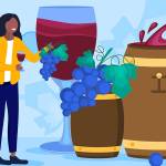 Wine tasting concept. A girl standing in a wine cellar with wine barrels and tasting wine. Flat cartoon vector illustration with fictional characters.