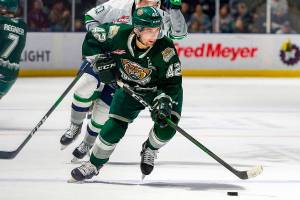 Everett's Cole Fonstad drives up the ice during the Silvertips' 5-2 win over the Seattle Thunderbirds on Saturday at the ShoWare Center in Kent. (Brian Liesse / Seattle Thunderbirds)