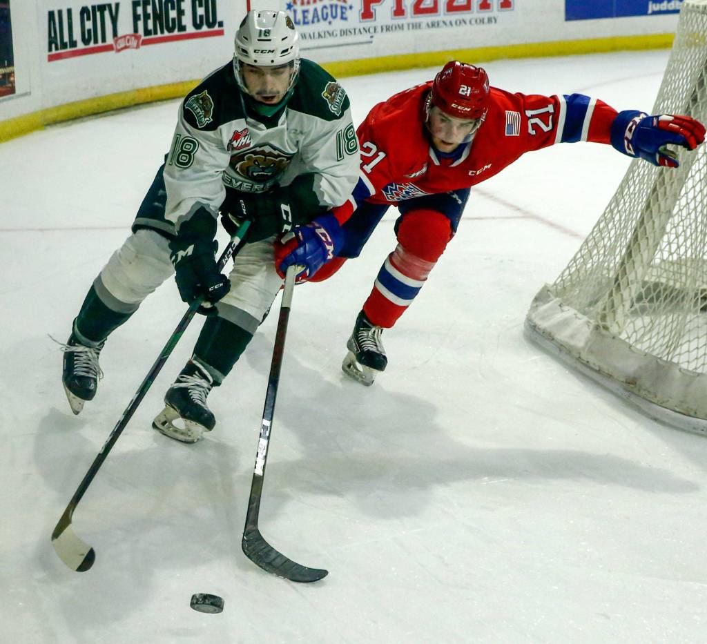 Silvertips Hunter Campbell controls the pucks with Chiefs Bobby Russell trailing in the second period Saturday night at Angel of the Winds Arena in Everett on March 20, 2021. (Kevin Clark / The Herald)