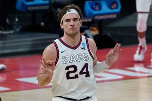 Gonzaga forward Corey Kispert reacts to hitting a basket against Norfolk State during the first half of a men's college basketball game in the first round of the NCAA tournament at Bankers Life Fieldhouse in Indianapolis, Saturday, March 20, 2021. (AP Photo/Paul Sancya)