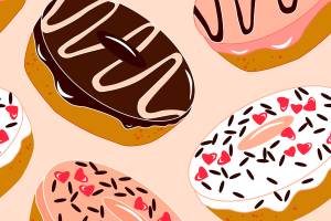 Seamless pattern with vector donuts isolated on light pink background. Wallpaper, textile, template, fabric, cover, paper, banner.