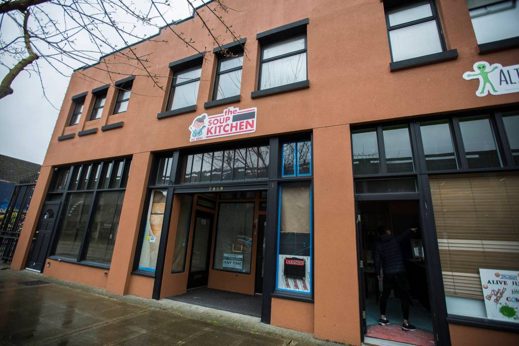 The soon-to-open No Soup For You! kitchen and Alive Juice Bar on Wednesday in Everett. It still bore a sign of the original name, The Soup Nazi Kitchen. (Olivia Vanni / The Herald)
