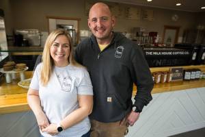Heather and Michael Wallace, owners of the Milk House Coffee Co. on Thursday, March 25, 2021 in Everett, Wa. (Olivia Vanni / The Herald)