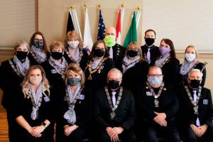 Everett Elks Lodge #479 officers. Front row (left to right): Jessica Mumm, Tessa Long, Paul Clark, Greg Tisdel, Bill Douglas. Middle row: Debbie Ritchie, Nancy Wolke, Wendy Cook, Jennifer Ozbun, Jenny Steele, Mary Thomas. Back row: Beth Beecher, Valerie Anderson, Aaron Reid, Danen Barnhart. (Everett Elks)