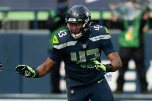 Seattle Seahawks defensive end Carlos Dunlap II is pictured during the first half of an NFL football game against the Los Angeles Rams, Sunday, Dec. 27, 2020, in Seattle. The Seahawks won 20-9. (AP Photo/Stephen Brashear)