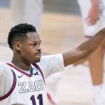 Gonzaga guard Joel Ayayi (11) reacts to a play against Creighton in the first half of a Sweet 16 game Sunday in the NCAA mens college basketball tournament at Hinkle Fieldhouse in Indianapolis. (AP Photo/Michael Conroy)