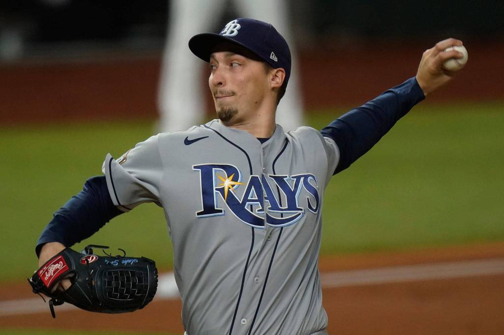 Tampa Bay Rays starting pitcher Blake Snell, a Shorewood High School alum, throws against the Los Angeles Dodgers during the first inning of Game 6 of the World Series on Oct. 27, 2020, in Arlington, Texas. (AP Photo/Eric Gay)