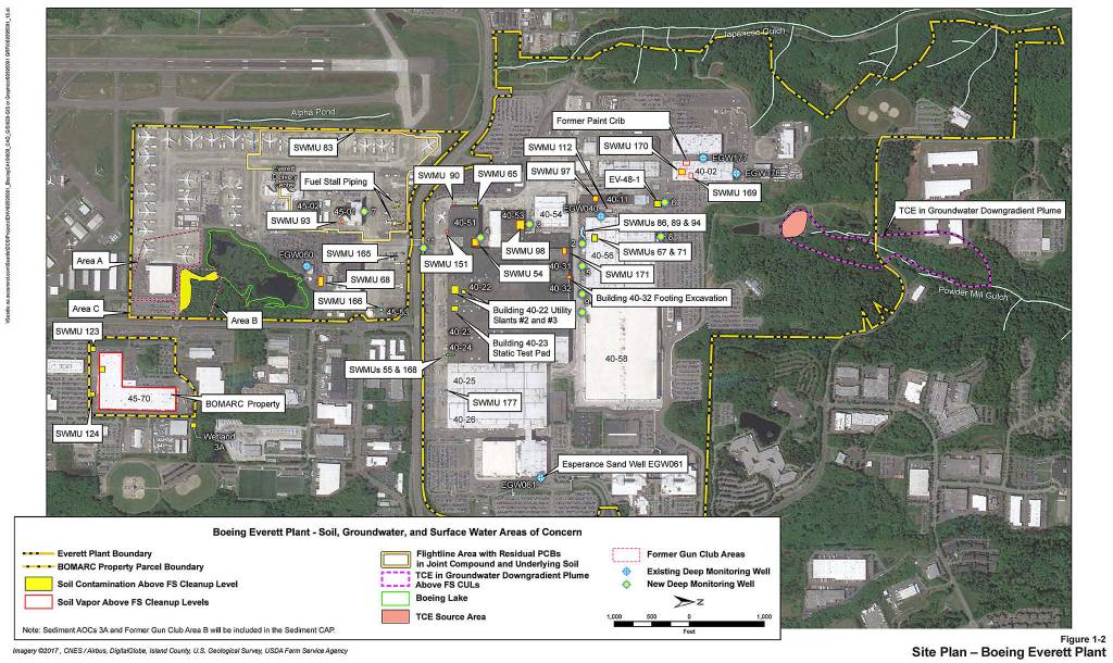 A map of chemical pollution points at Boeings Everett site, from a trove of documents posted online by the state Department of Ecology.