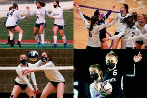 Lake Stevens High host Snohomish High Thursday night in Lake Stevens on March 25, 2021. The Vikings won in straight sets 25-20, 25-22 and 25-20. (Kevin Clark / The Herald)