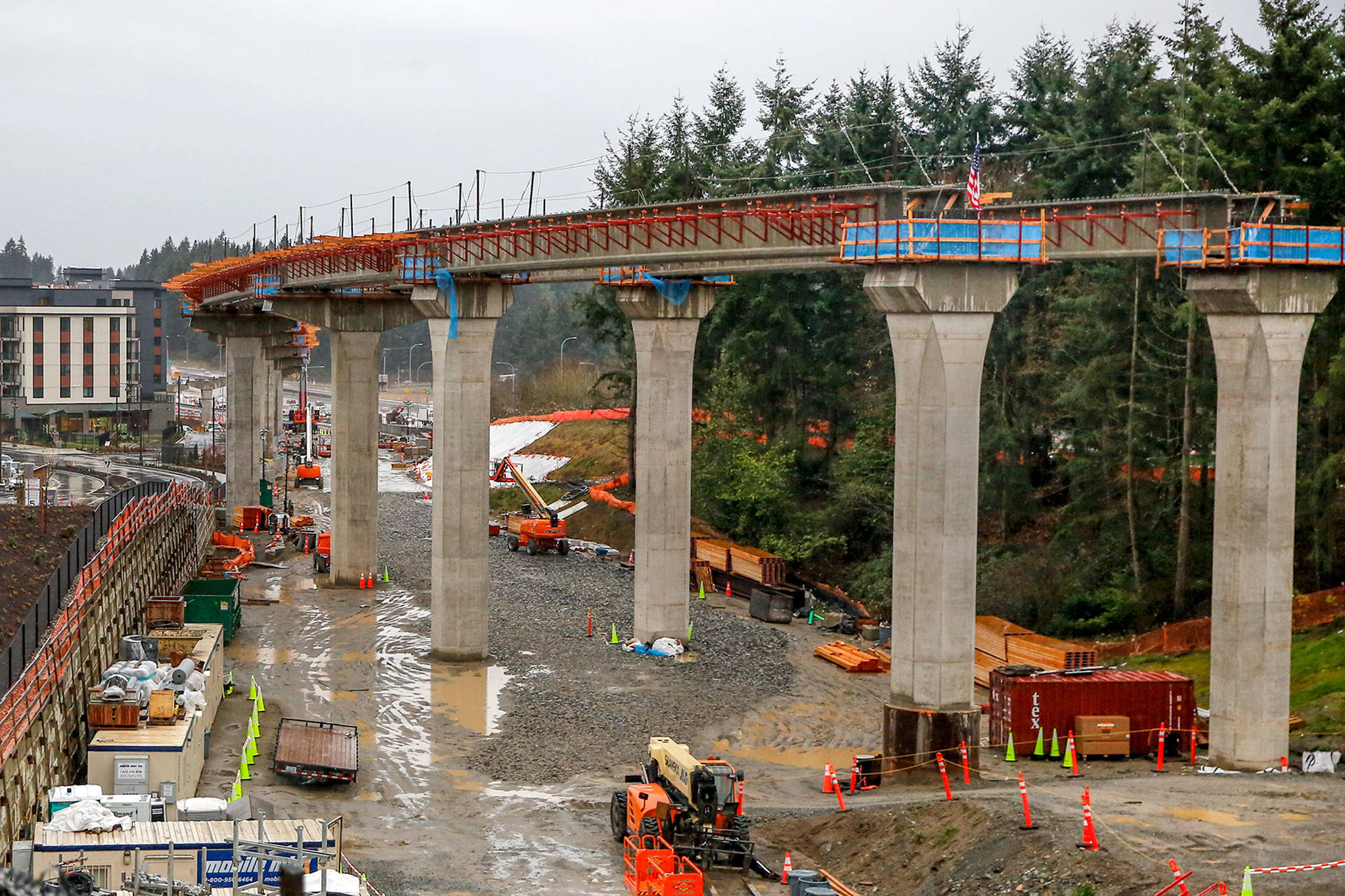 Construction of the Lynnwood Link light rail extension in Mountlake Terrace on Dec. 16. (Kevin Clark / Herald file)