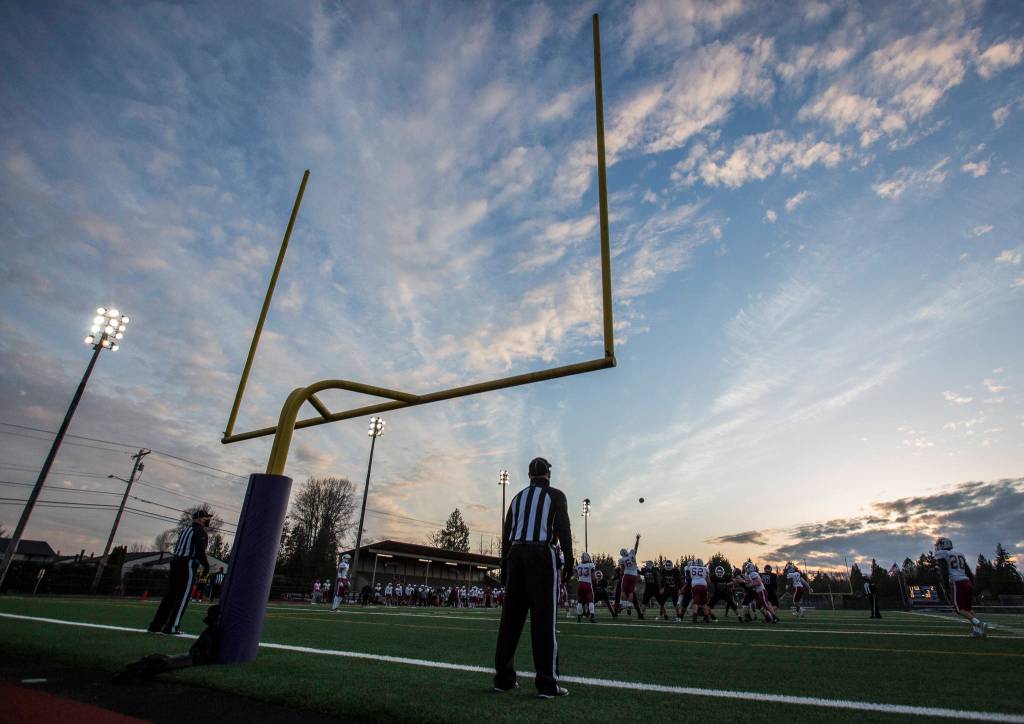 Kamiak kicks a field goal during a game against Cascade on April 1, 2021, in Everett. (Olivia Vanni / The Herald)