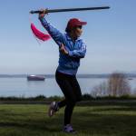 Dongyue Zhuang does advanced tai chi sword movements at Harborview Park on Tuesday in Everett. (Olivia Vanni / The Herald)