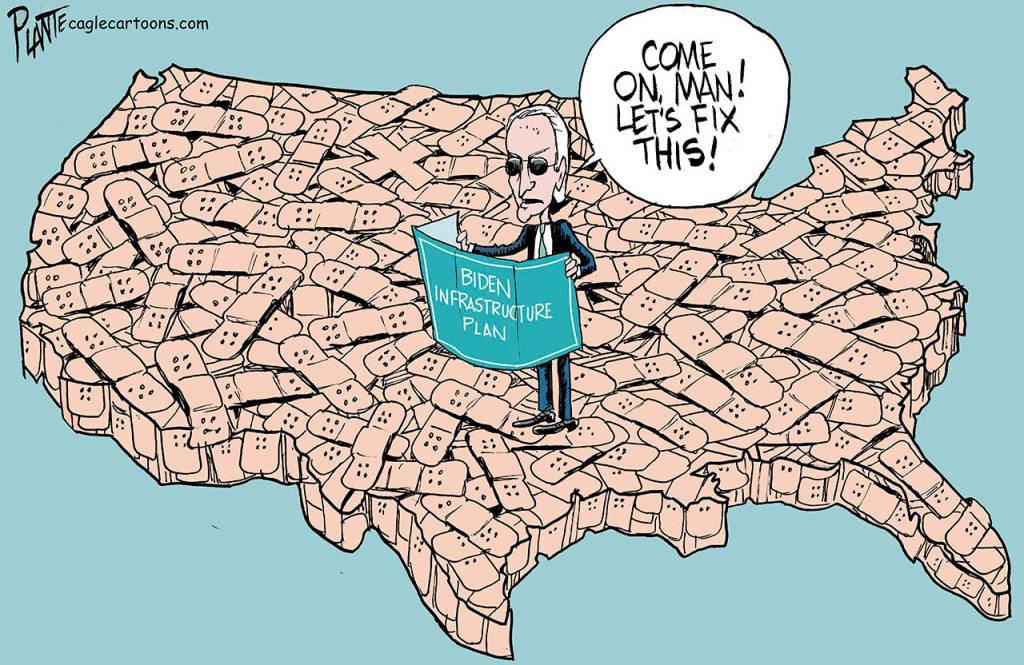 Biden's big %$#@ deal, infrastructure plan, $2 trillion spending, bill, crumbling, repairs, climate change, unemployment, jobs, environmental, Bruce Plante