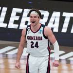 Gonzaga forward Corey Kispert celebrates during the second half of an Elite Eight game against Southern California on March 30, 2021, at Lucas Oil Stadium in Indianapolis. (AP Photo/Michael Conroy)