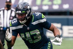 Seattle Seahawks defensive end Carlos Dunlap II is pictured during the first half of an NFL football game against the New York Giants, Sunday, Dec. 6, 2020, in Seattle. The Giants won 17-12. (AP Photo/Stephen Brashear)