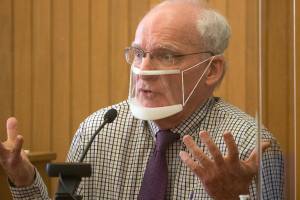 Simeon Berkley describes his fear of another driver's behavior as testifies in his defense at the Snohomish County Courthouse on Tuesday, April 6, 2021 in Everett, Washington.  In 1991, a jury acquitted Simeon Berkley in a shooting that paralyzed a man following a near-crash on a California freeway. Thirty years later, heճ on trial again, this time for second-degree murder. A Snohomish County jury will decide if Berkley, 75, acted out of road rage or self-defense in a shooting July 6, 2019, that left an Everett man dead. (Andy Bronson / The Herald)
