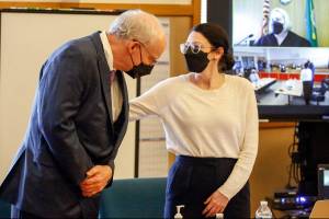 Simeon Berkley (left), who was found guilty of second-degree murder, with defense attorney Laura Shaver at the Snohomish County Courthouse in Everett on April 8, 2021. (Kevin Clark / The Herald)