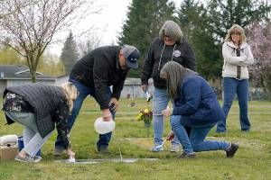 From front left, Wendy Jensen, Joe Woodmansee, Linda Holeman and Bonnie Dawson, the four children of Carole Rae Woodmansee, are joined by family friend Debbie Blazina, at right, Saturday, March 27, 2021, as they clean the headstone Carole shares with their father, Jim, who died in 2003, at Union Cemetery in Sedro-Woolley, Wash., north of Seattle, prior to a memorial service. Carole died a year ago on the same date in 2020, the day of her 81st birthday, from complications of COVID-19 after contracting it during a choir practice that sickened 53 people and killed two — a superspreader event that would become one of the most pivotal transmission episodes in understanding the virus. (AP Photo/Ted S. Warren)