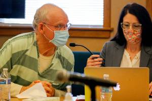 Simeon Berkley declines to make a statement during his sentencing hearing Friday afternoon at the Snohomish County Courthouse in Everett on March 16, 2021. Berkley was sentenced to 22-years in prison for the second-degree murder of Steven Whitmarsh in 2019.  (Kevin Clark / The Herald)