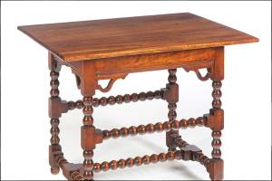 Reproduction furniture sells for low prices when compared to antiques, but there are still companies making useful, accurate copies of 18th-century pieces. This tavern table cost only $469. (Cowles Syndicate Inc.)