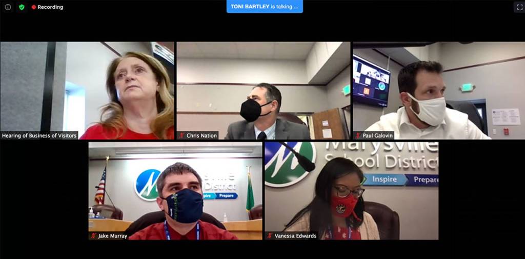 Becky Roberts (top left), Marysville Education Association president, speaks to the Marysville School District Board of Directors. (Screen capture image)