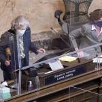 Speaker of the House Laurie Jinkins, D-Tacoma, bangs the gavel during a session of the House, Wednesday, April 21, 2021, at the Capitol in Olympia Wash. Lawmakers were considering a proposed new tax in Washington state on capital gains that would be imposed on the sale of stocks and bonds in excess of $250,000. (AP Photo/Ted S. Warren)