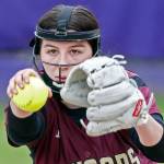 Lakewoods Riley Mae Swanson throws a pitch against Kamiak during a game Friday afternoon at Kamiak High School in Mukilteo. The Knights won 2-0. (Kevin Clark / The Herald)