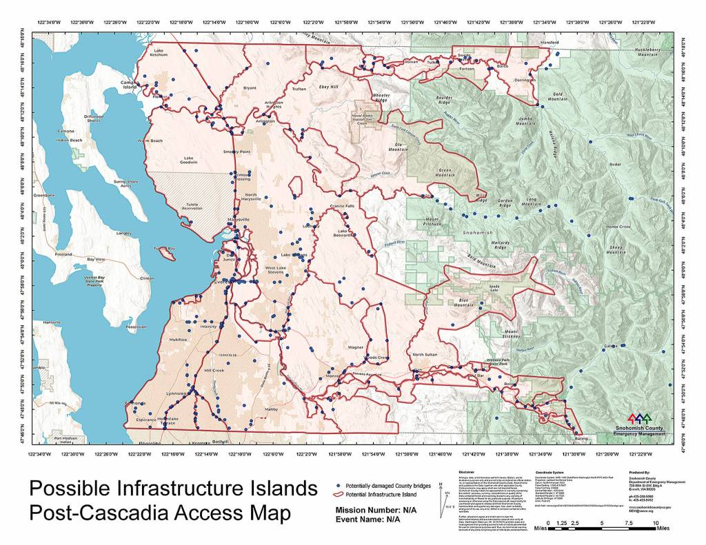 Earthquakes can destroy bridges and isolate people. This model shows the potential effect of a quake originating from the Cascadia Subduction Zone: damaging dozens of bridges and fracturing Snohomish County into 60 population islands. A major quake along the shallower, much closer southern Whidbey Island fault could prove even worse for the illustrated region. (Snohomish County Department of Emergency Management)
