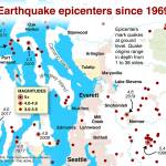 NO CAPTION NECESSARY. Map shows epicenters for earthquakes greater than 3.0 magnitude between 1969 and 2021. (Chuck Taylor / The Herald) 20210509