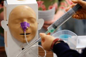 Students use a modular skills trainer during class Thursday morning at Edmonds Community College on April 29, 2021.
(Kevin Clark / The Herald)