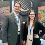 Vince Roux (left) and Melissa Roth, founders of Off Planet Research, at the Lunar Surface Innovation Consortium Conference in February 2020. The company makes lunar soil simulants for researchers. (Off Planet Research)
