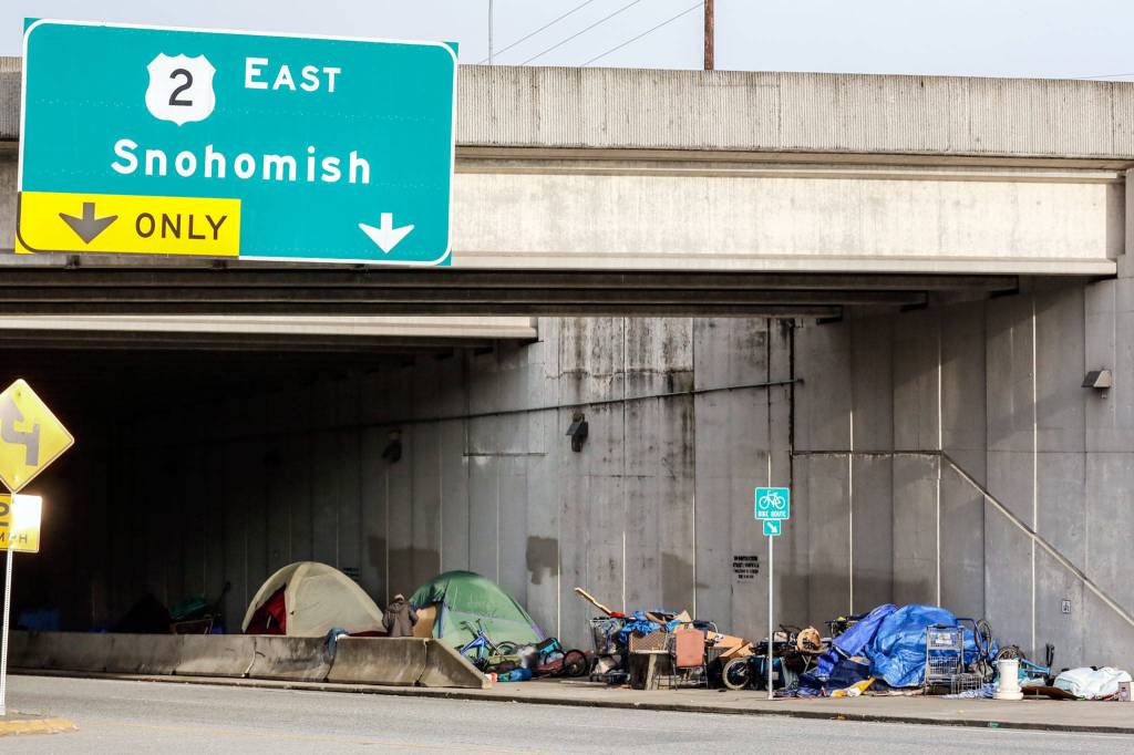 For a few weeks, 20 or so people who once lived on the streets of Smith Avenue relocated under an I-5 overpass on Hewitt Avenue. In recent days, those campers have left. (Kevin Clark / The Herald)