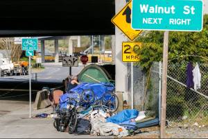 Everett's new no-sit, no-lie ordinance won't take effect for months, but most of people who lived on the streets and sidewalks of Smith Avenue have moved on. For a few weeks, some lived under an I-5 overpass on Hewitt Avenue. (Kevin Clark / The Herald) -IDL
Smith Avenue under the overpass is nearly vacant due the 'no-sit, no-lie' ordinance in Everett. Many have relocate to across the boundary of the ordinance and set on Hewitt at the US entrance. (Kevin Clark / The Herald)
