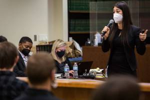 Snohomish County prosecutor Jacqueline Lawrence makes her opening statements during the murder trial of Jamel Alexander on Friday, April 30, 2021 in Everett, Wash. (Olivia Vanni / The Herald)