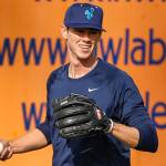 AquaSox pitcher Emerson Hancock, the No. 6 overall pick in last years MLB draft, warms up during Saturday afternoons practice at Funko Field in Everett. (Kevin Clark / The Herald)