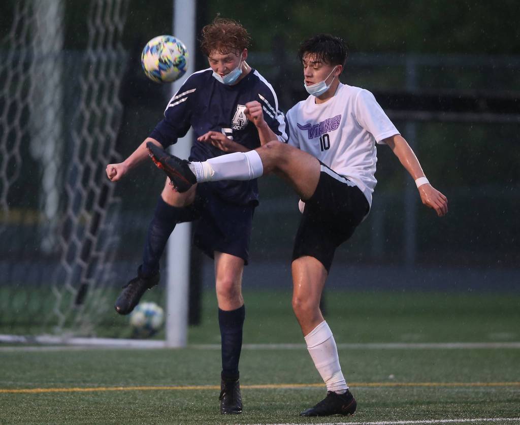 Arlington beat Lakes Stevens 2-1 in a boys soccer match on Monday, May 3, 2021 in Arlington, Washington. (Andy Bronson / The Herald)