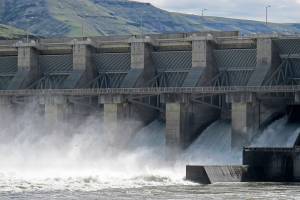 FILE - In this April 11, 2018, file photo, water moves through a spillway of the Lower Granite Dam on the Snake River near Almota, Wash. Some Republican members of Congress from the Northwest are accusing a GOP Idaho lawmaker of conducting secret negotiations with the Democratic governor of Oregon over a controversial proposal to breach four dams on the Snake River to save endangered salmon runs. (AP Photo/Nicholas K. Geranios, File)