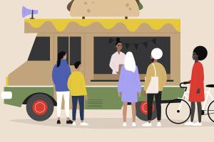 A Mexican tacos food truck, people ordering and waiting their takeaway food