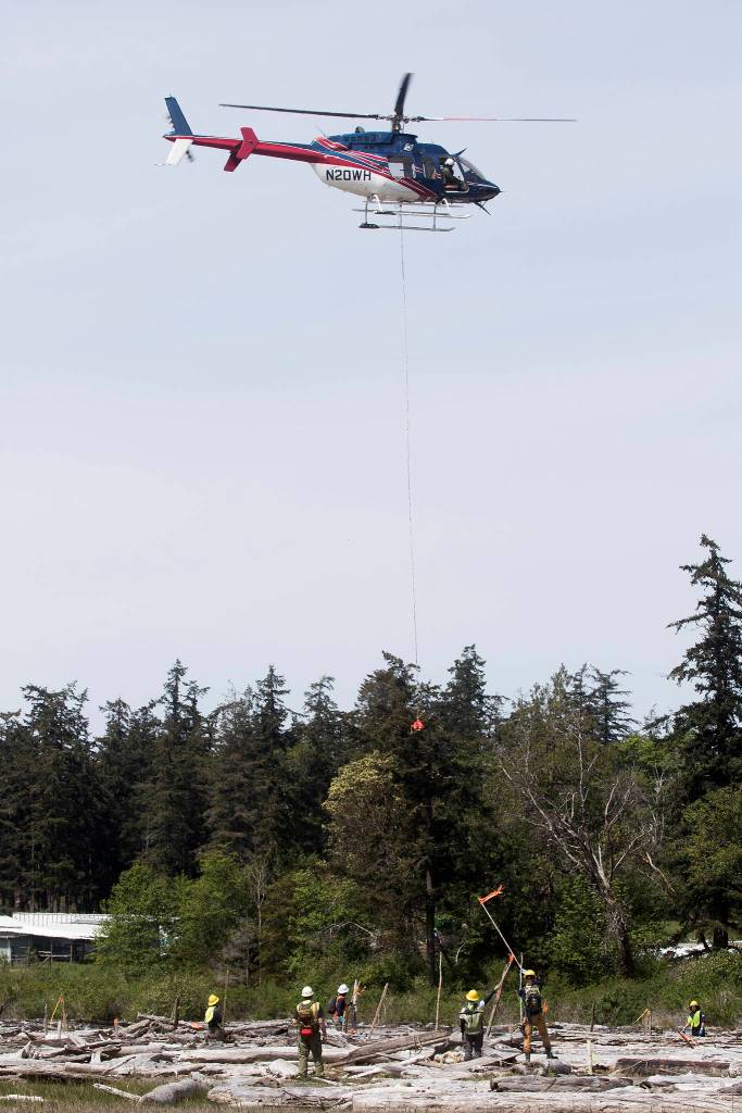Department of Natural Resources crews wave flags to a helicopter as they remove creosote-soaked logs from Elger Bay on Monday on Camano Island. (Andy Bronson / The Herald)