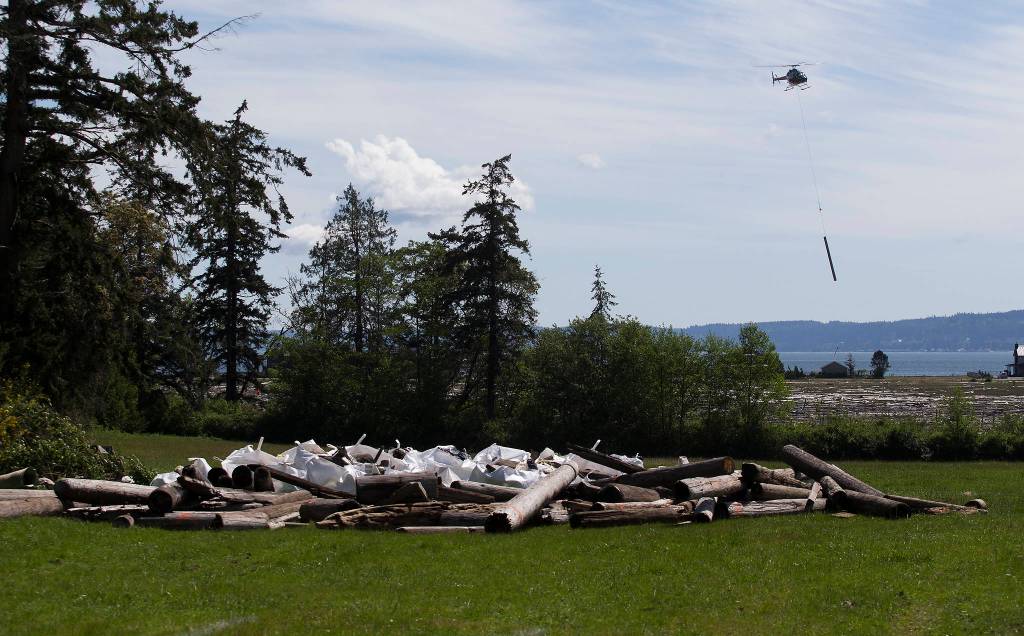 A helicopter delivers creosote-soaked logs to a staging site along Elger Bay on Camano Island. Department of Natural Resources crews removed tons of toxic logs and pilings left there by the tides. (Andy Bronson / The Herald)
