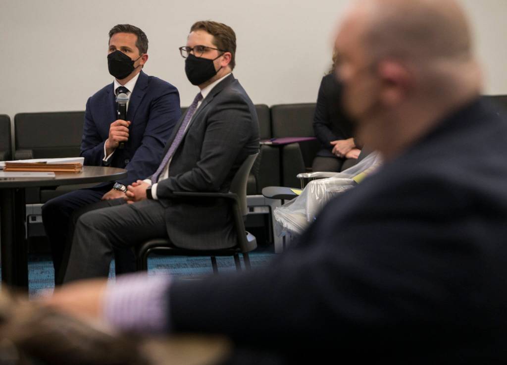 Deputy prosecutor Robert Grant speaks to Judge David Kurtz during Elmer Nashs sentencing hearing, that Nash failed to show up to, at the Snohomish County Courthouse on Friday, May 7, 2021 in Everett, Wash. (Olivia Vanni / The Herald)