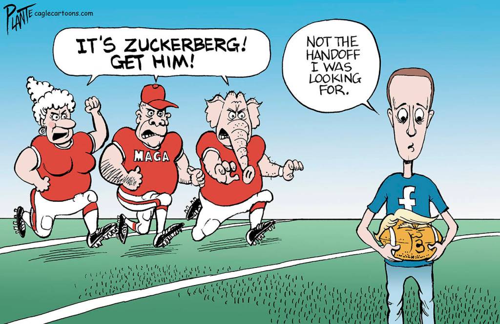 Zuckerberg gets the handoff…, Mark Zuckerberg, Facebook, Ex-President Donald J. Trump, decision, banning, banished, Freedom of Speech farce, GOP, RNC Republican Party, MAGA